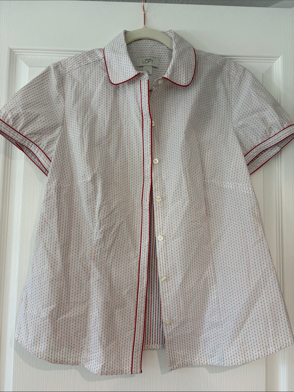 LOFT White Short-Sleeve Button-Down with Red Piping July 4th Perfection